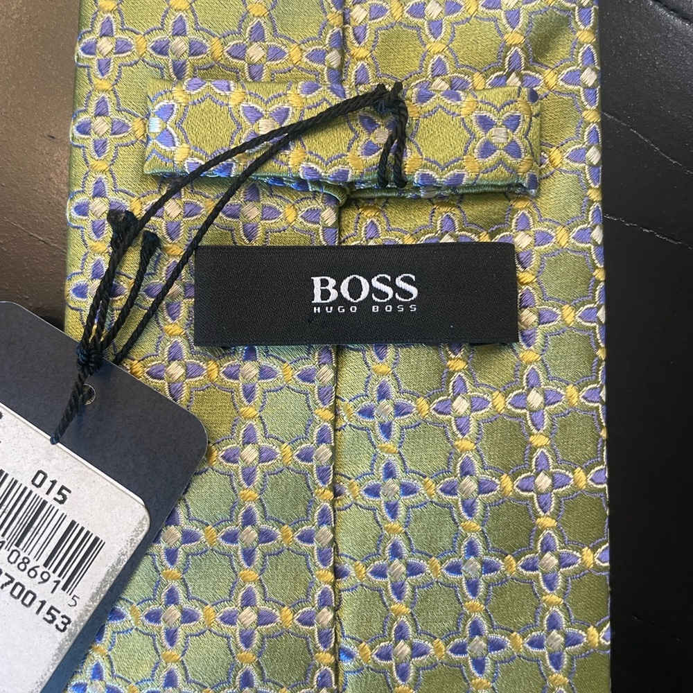 Boss Green Silk Tie with Purple and Yellow Geometric Motif